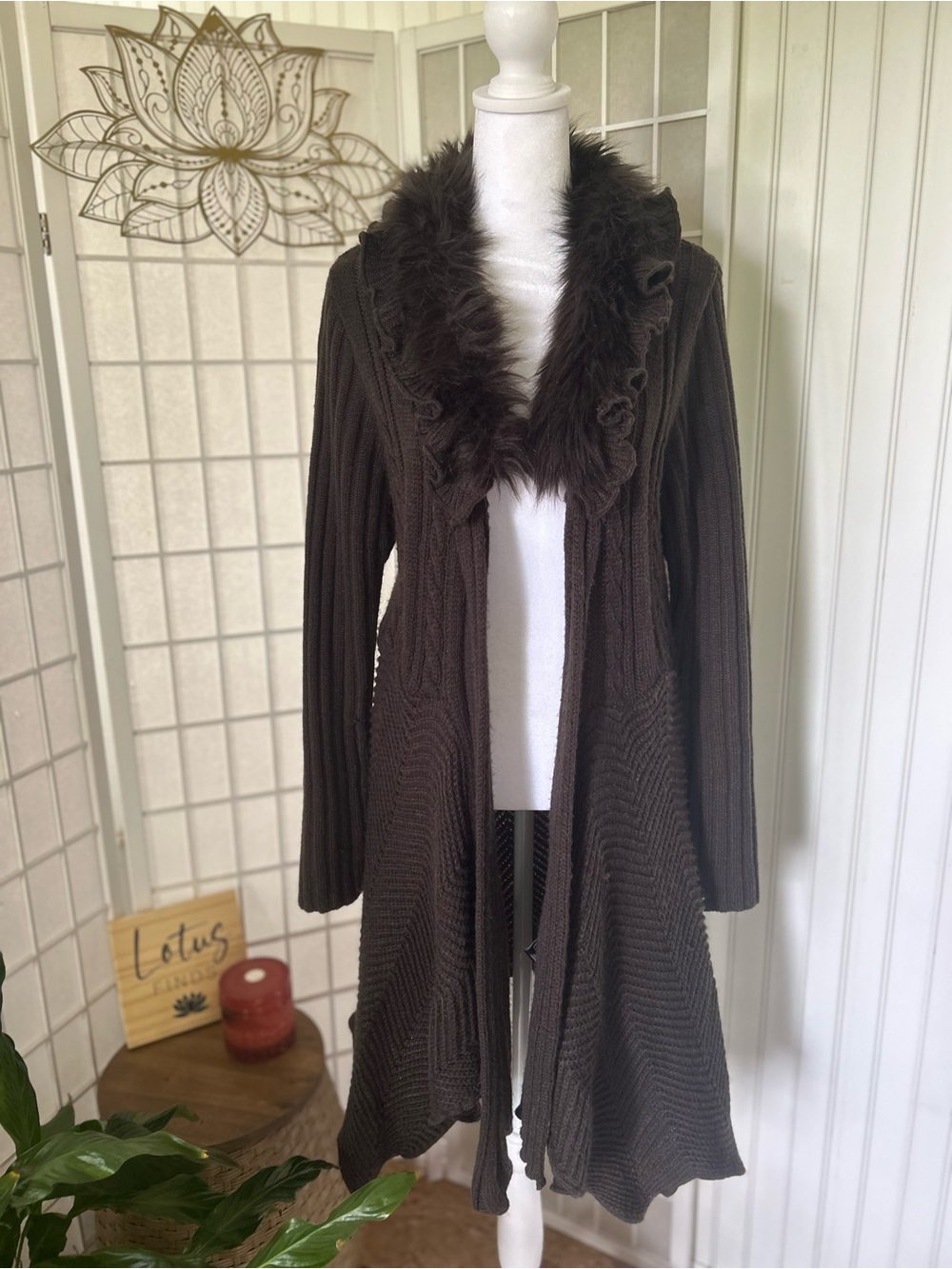 Charlie Paige L/XL Chocolate Brown Faux-Fur Duster